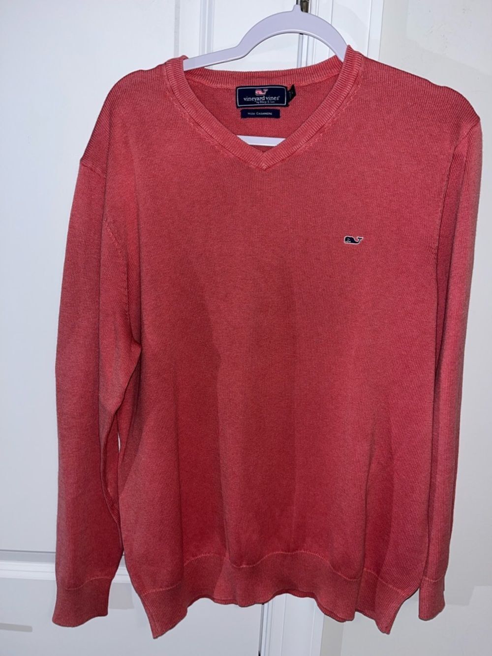 Salmon Pink Vineyard Vines V neck Cotton Cashmere Whale Golf Sweater L Mens